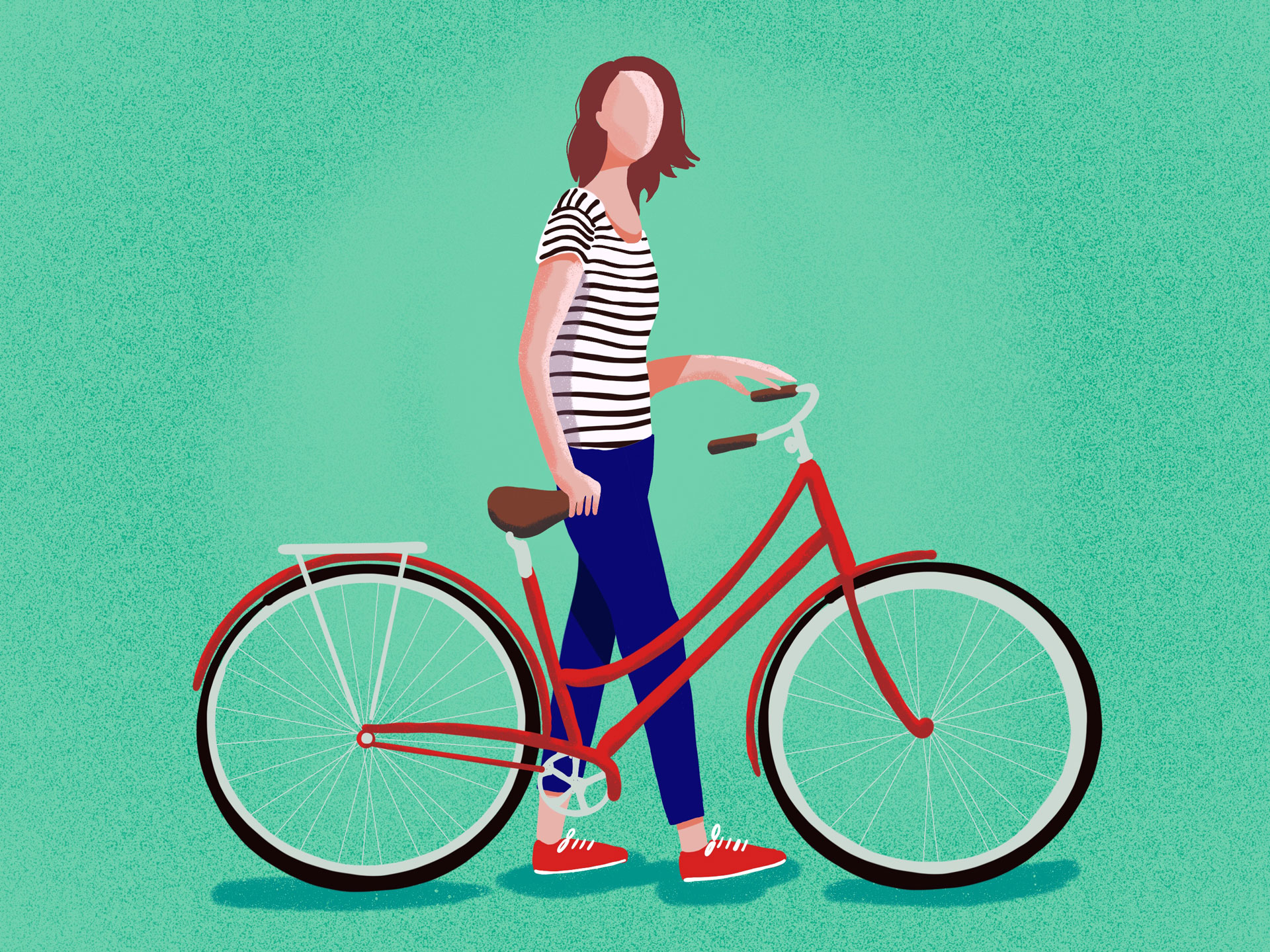 Illustration of a girl walking with a bike